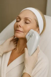 Woman receiving HIFU non surgical facelift treatment Prestwich