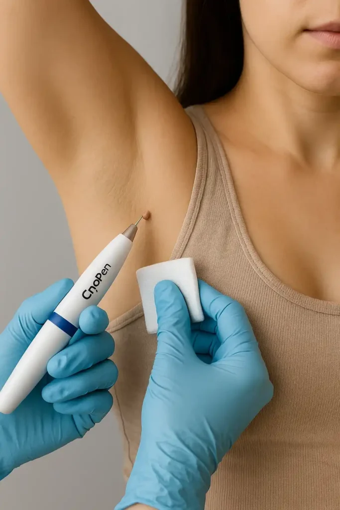 woman having cryopen to remove underarm skin tags Prestwich