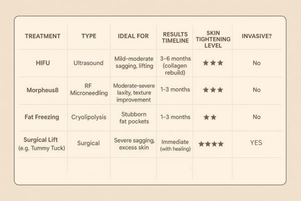 Table showing the comparisons of Skin tightening Prestwich treatment options.